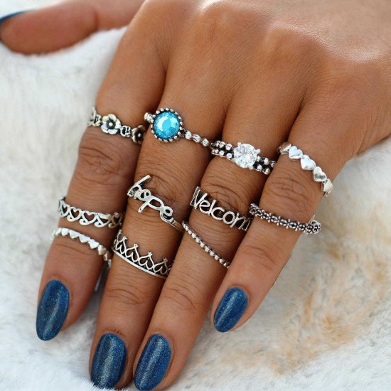 Vintage Crystal Knuckle Ring Set Geometric Silver Finger Rings Ethnis Jewelry for Women