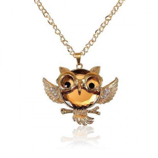 Vintage Crystal Rhinestone Owl Bird Sweater Chain Necklace For Women