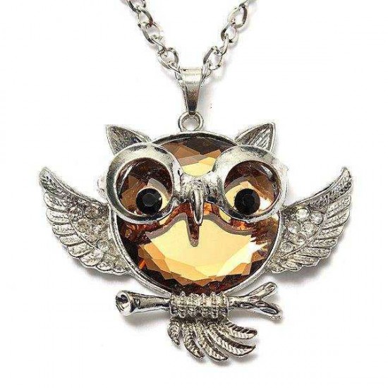 Vintage Crystal Rhinestone Owl Bird Sweater Chain Necklace For Women