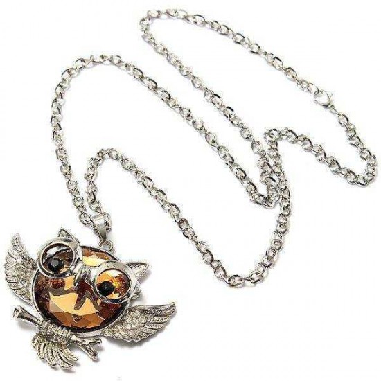 Vintage Crystal Rhinestone Owl Bird Sweater Chain Necklace For Women