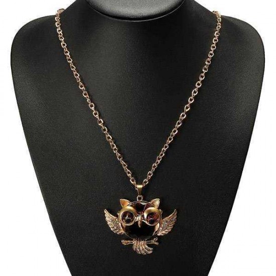 Vintage Crystal Rhinestone Owl Bird Sweater Chain Necklace For Women