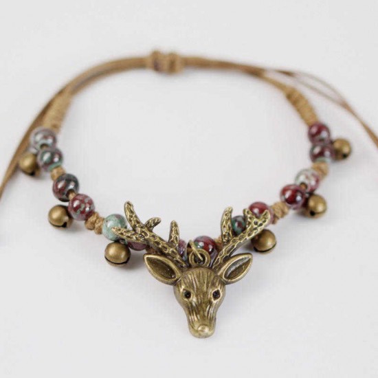 Vintage Deer Charm Bracelet Ethnic Small Bell Wax Rope Beaded Bracelet Handmade Unisex Jeweley