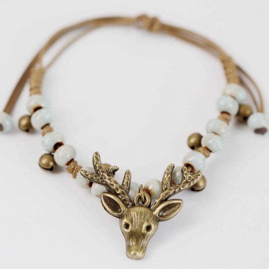 Vintage Deer Charm Bracelet Ethnic Small Bell Wax Rope Beaded Bracelet Handmade Unisex Jeweley