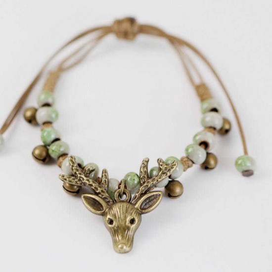 Vintage Deer Charm Bracelet Ethnic Small Bell Wax Rope Beaded Bracelet Handmade Unisex Jeweley