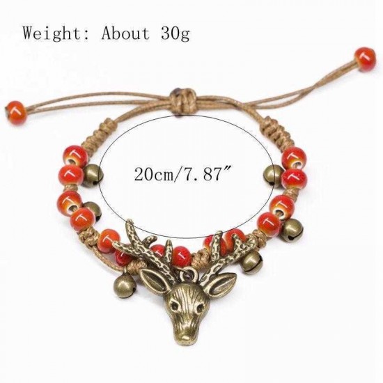 Vintage Deer Charm Bracelet Ethnic Small Bell Wax Rope Beaded Bracelet Handmade Unisex Jeweley