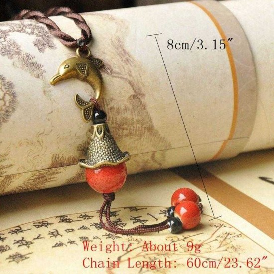 Vintage Delphis Pendant Necklace Round Beaded Small Bell Charm Necklace Ethnic Jewelry for Women