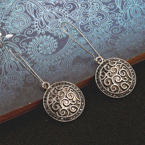 Vintage Ear Drop Earring Antique Silver Round Geometric Charm Earrings Ethnic Jewelry for Women