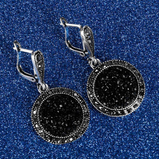 Vintage Ear Drop Earring Black Crystal Round Geometric Dangle Ethnic Jewelry for Women