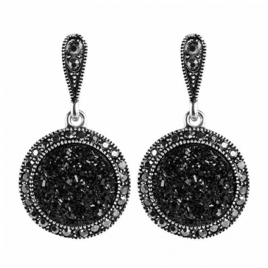 Vintage Ear Drop Earring Black Crystal Round Geometric Dangle Ethnic Jewelry for Women