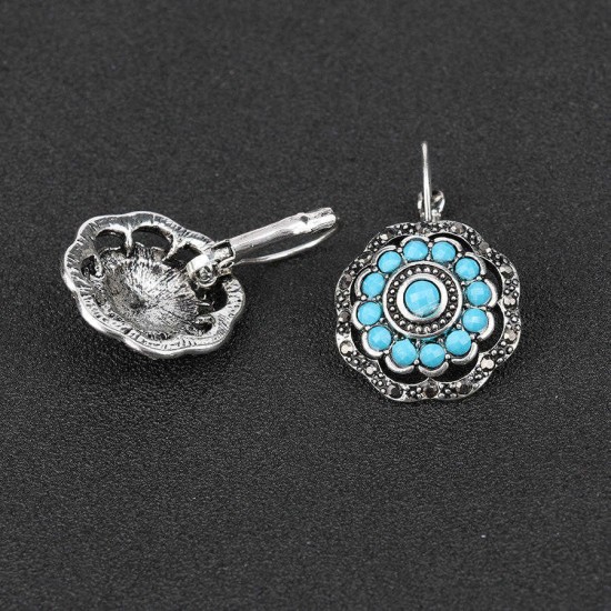 Vintage Ear Drop Earring Hollow Blue Flower Plant Ear Hoop Ethnic Jewelry for Women