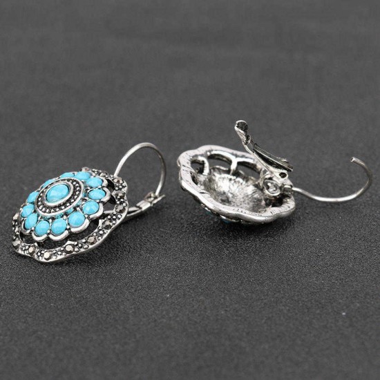 Vintage Ear Drop Earring Hollow Blue Flower Plant Ear Hoop Ethnic Jewelry for Women