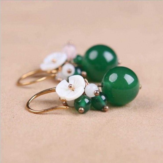 Vintage Ear Drop Earrings Green Agate Balls Flower Plant Pendant Earring For Women