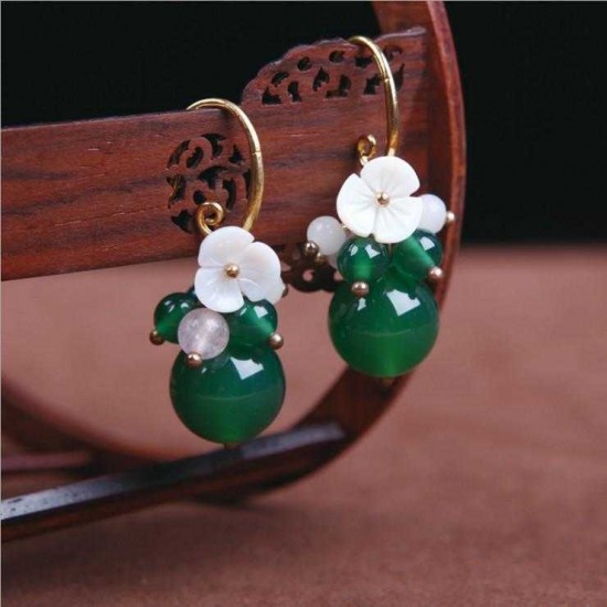 Vintage Ear Drop Earrings Green Agate Balls Flower Plant Pendant Earring For Women