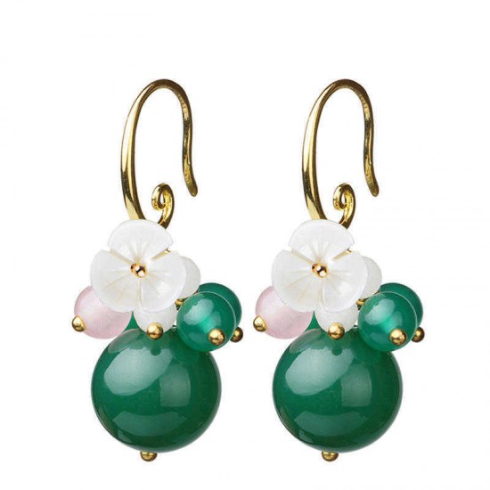 Vintage Ear Drop Earrings Green Agate Balls Flower Plant Pendant Earring For Women