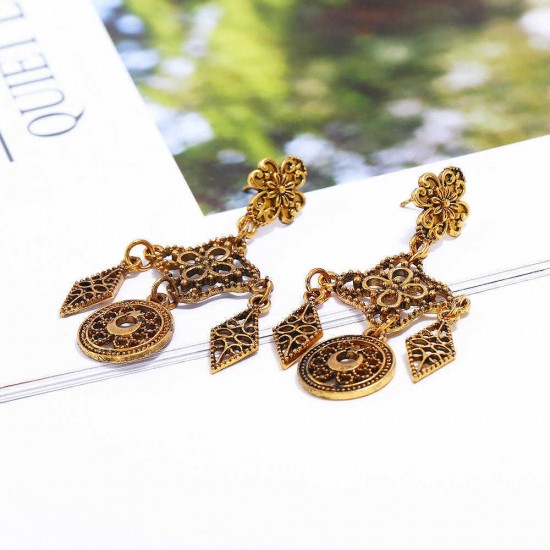 Vintage Ear Drop Earrings Hollow Rhombus Geometric Moon Star Pattern Earring for Women