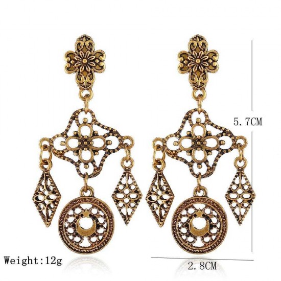 Vintage Ear Drop Earrings Hollow Rhombus Geometric Moon Star Pattern Earring for Women