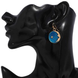 Vintage Ear Drop Earrings Round Blue Sky Moon Star Pattern Earring Ethnic Jewelry for Women