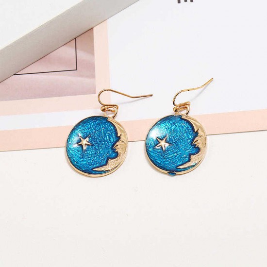 Vintage Ear Drop Earrings Round Blue Sky Moon Star Pattern Earring Ethnic Jewelry for Women