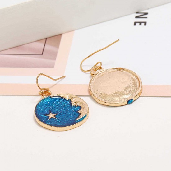 Vintage Ear Drop Earrings Round Blue Sky Moon Star Pattern Earring Ethnic Jewelry for Women