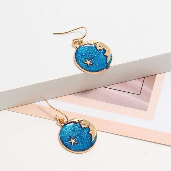 Vintage Ear Drop Earrings Round Blue Sky Moon Star Pattern Earring Ethnic Jewelry for Women