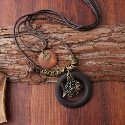 Vintage Enthic Wood Pendant Necklaces Fish Two Layers Wax Rope Necklace for Women