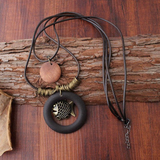 Vintage Enthic Wood Pendant Necklaces Fish Two Layers Wax Rope Necklace for Women