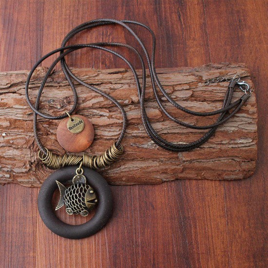 Vintage Enthic Wood Pendant Necklaces Fish Two Layers Wax Rope Necklace for Women