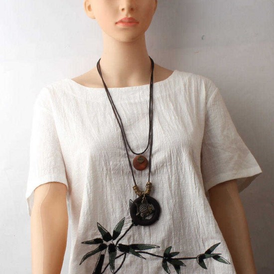 Vintage Enthic Wood Pendant Necklaces Fish Two Layers Wax Rope Necklace for Women