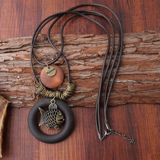 Vintage Enthic Wood Pendant Necklaces Fish Two Layers Wax Rope Necklace for Women