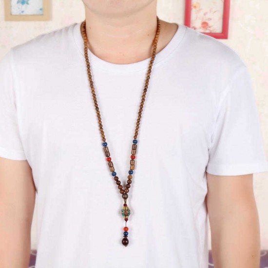 Vintage Ethnic Wood Beads Necklaces Cotton Accessories Nepal Agate Pendant for Men Women