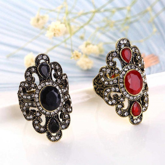 Vintage Finger Ring Gemstone Rhinestone Hollow Oval Geometric Rings Ethnic Jewelry for Women