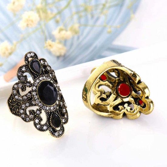 Vintage Finger Ring Gemstone Rhinestone Hollow Oval Geometric Rings Ethnic Jewelry for Women