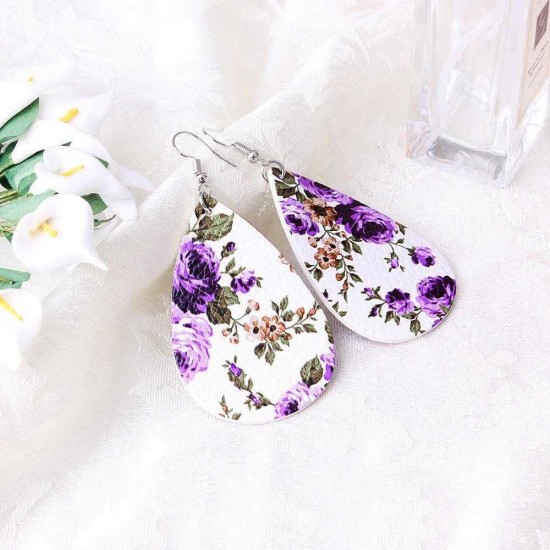 Vintage Flower Ear Drop Earrings PU Leather Water Drop Earring For Women