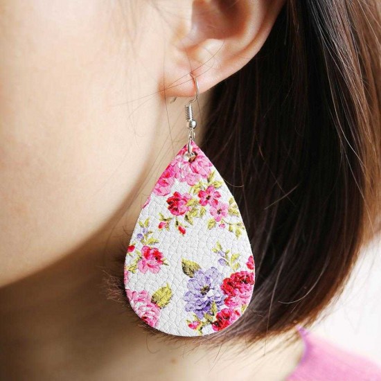 Vintage Flower Ear Drop Earrings PU Leather Water Drop Earring For Women