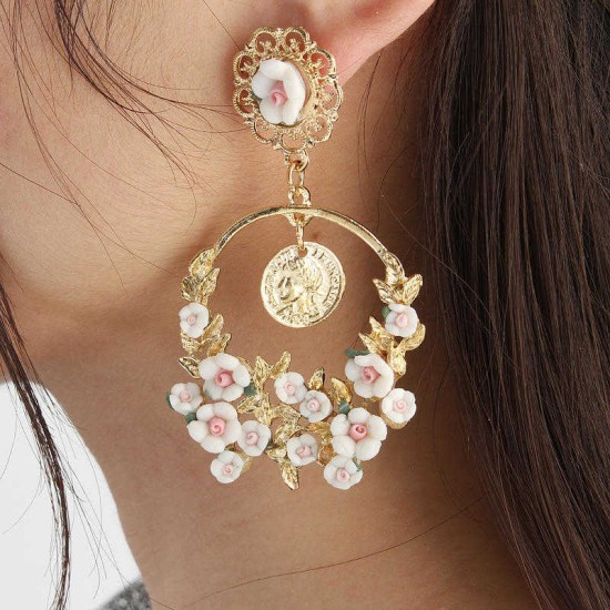 Vintage Flower Exaggerated Ear Drop Women Earrings