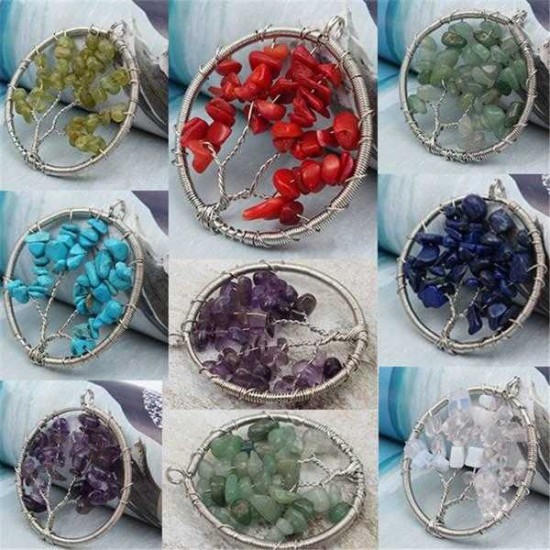 Vintage Gem Gravel Stone Tree Of Life Round Necklace Pendant