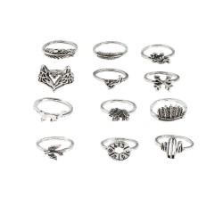 Vintage Geometric Animal Rings Set Hollow Cactus Foxs Knuckle Ring Trendy Jewelry for Women