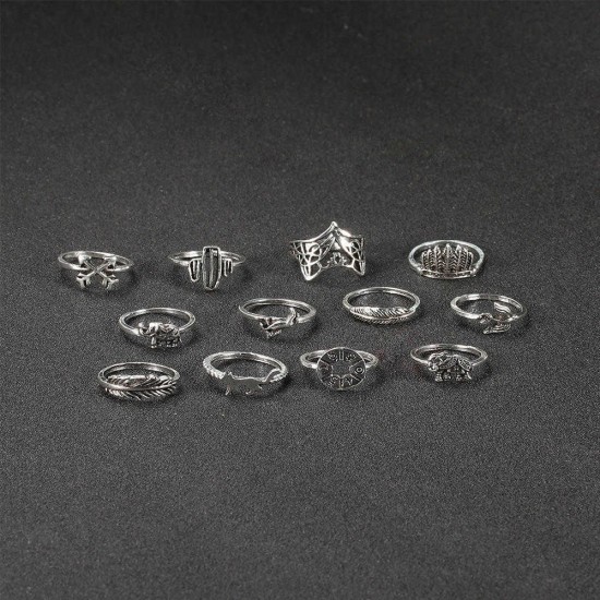 Vintage Geometric Animal Rings Set Hollow Cactus Foxs Knuckle Ring Trendy Jewelry for Women