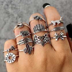 Vintage Geometric Animal Rings Set Hollow Cactus Foxs Knuckle Ring Trendy Jewelry for Women