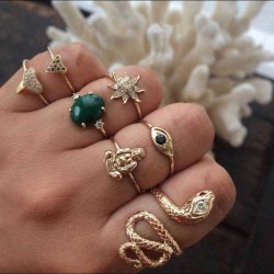 Vintage Geometric Rhinestone Ring Set Sun Flower Snake Metal Knuckle Rings Ethnic Jewelry