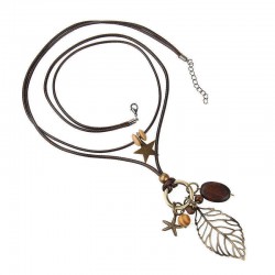 Vintage Hollow Leaf Pendant Women's Necklace Wood Star Charm Wax Rope Long Necklace for Women