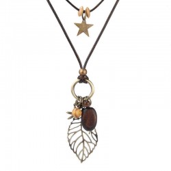 Vintage Hollow Leaf Pendant Women's Necklace Wood Star Charm Wax Rope Long Necklace for Women