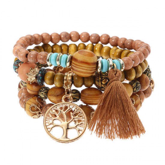 Vintage Hollow Tree of Life Elastic Beaded Bracelets Multilayer Tassels Charm Bracelets for Women