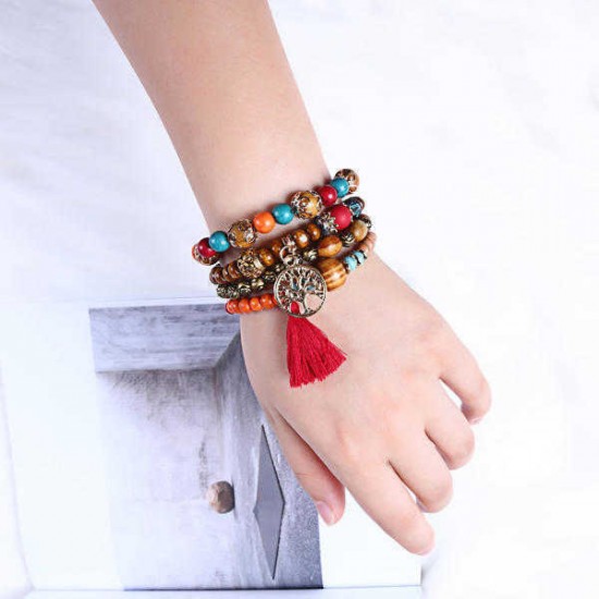 Vintage Hollow Tree of Life Elastic Beaded Bracelets Multilayer Tassels Charm Bracelets for Women