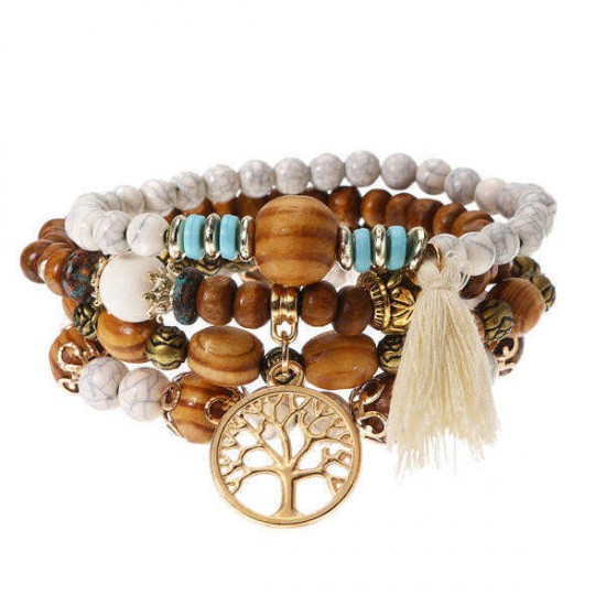 Vintage Hollow Tree of Life Elastic Beaded Bracelets Multilayer Tassels Charm Bracelets for Women