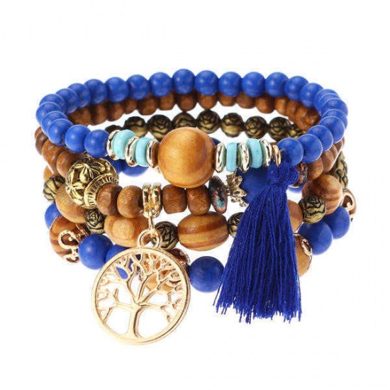 Vintage Hollow Tree of Life Elastic Beaded Bracelets Multilayer Tassels Charm Bracelets for Women