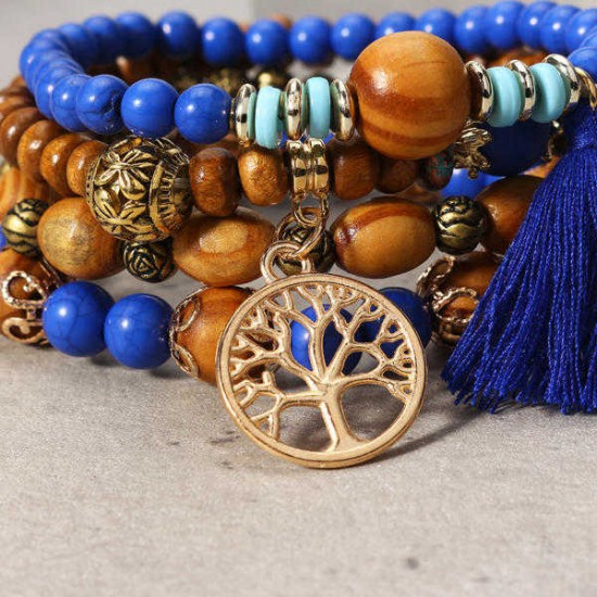 Vintage Hollow Tree of Life Elastic Beaded Bracelets Multilayer Tassels Charm Bracelets for Women