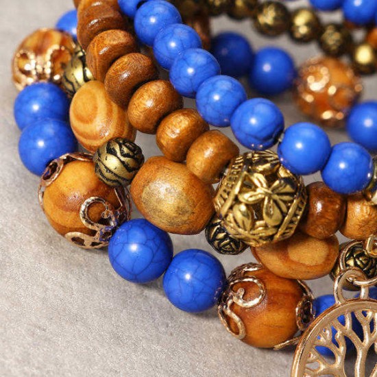 Vintage Hollow Tree of Life Elastic Beaded Bracelets Multilayer Tassels Charm Bracelets for Women