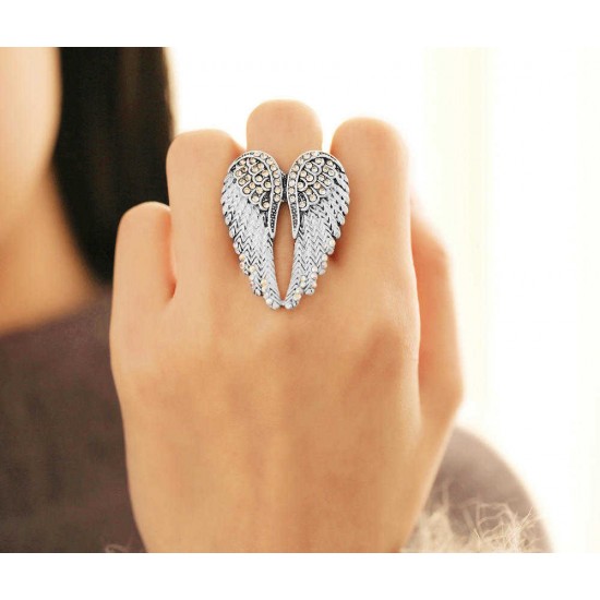 Vintage Inlaid Angelic Angel Wings Ring Elasticity Finger Rings for Women