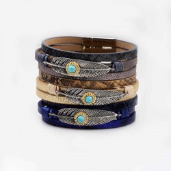 Vintage Leather Bangle Bracelet Turquoise Feather Wave Multilayer Bracelet Ethnic jewelry for Men